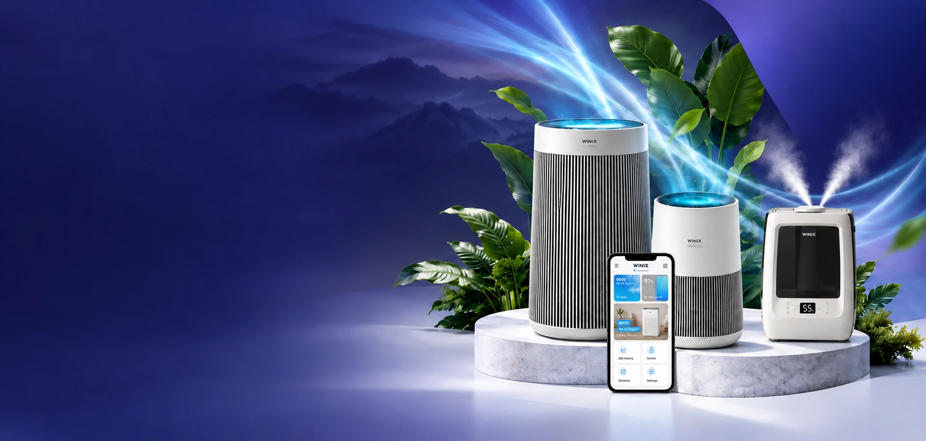 Purificateurs d’air WINIX commandés par application et humidificateur L500 à double sortie de brume